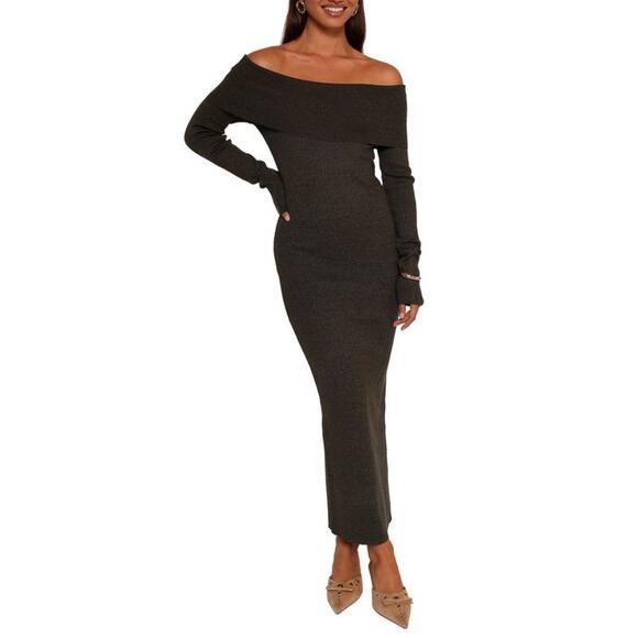 Petal & Pup Archie Off the Shoulder Midi Dress in Heathered Charcoal - L - Picture 1 of 1